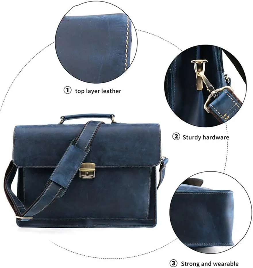CSCDD Retro Men's Briefcase 15.6 Inch Laptop Business Bag Messenger Leather Bag Horizontal
