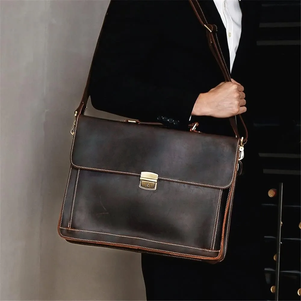 CSCDD Retro Men's Briefcase 15.6 Inch Laptop Business Bag Messenger Leather Bag Horizontal