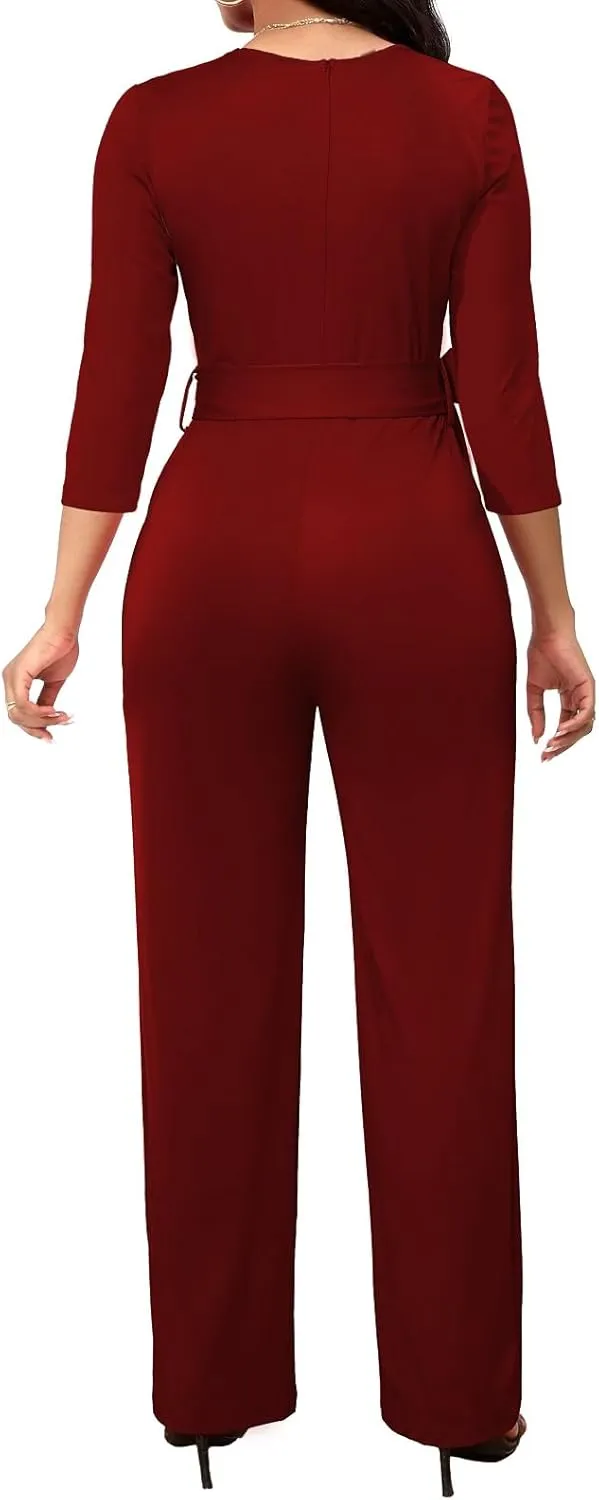 CuteCherry Women's jumpsuits Elegant Sexy Short Sleeve Casual Business Stripe Long Pants Rompers With Belt