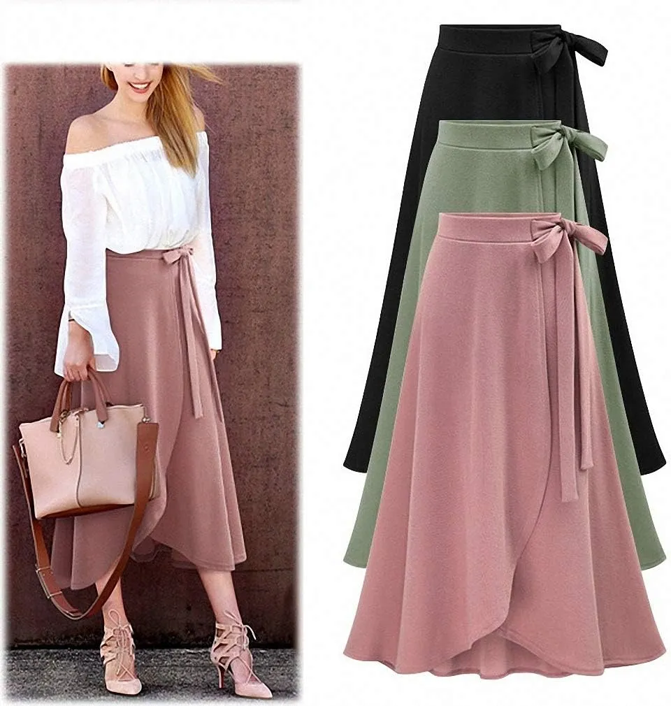 Dawery Chiffon Pink Ruffle Women's Long Skirt High Waist Bowtie Split Irregular Maxi Skirts Spring Summer Office Clothes