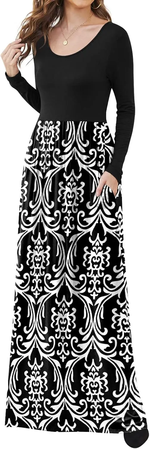 DB MOON Women Casual Long Sleeve Maxi Dresses Empire Waist Long Dress with Pockets