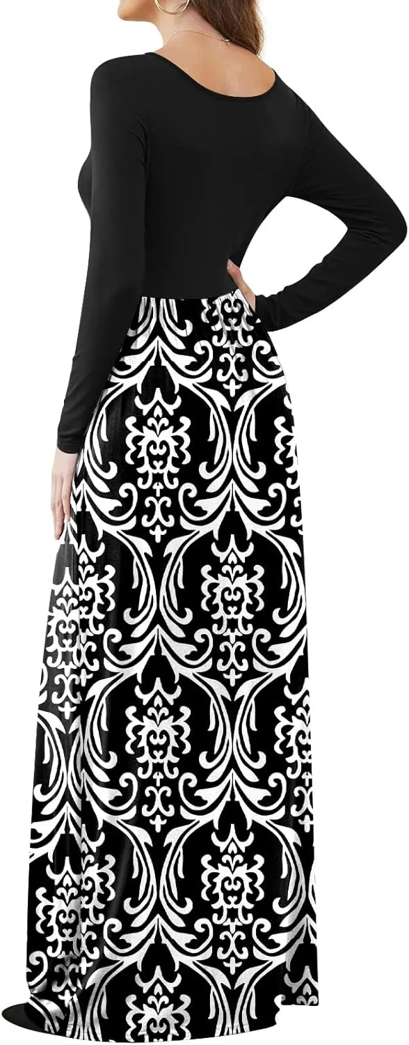 DB MOON Women Casual Long Sleeve Maxi Dresses Empire Waist Long Dress with Pockets