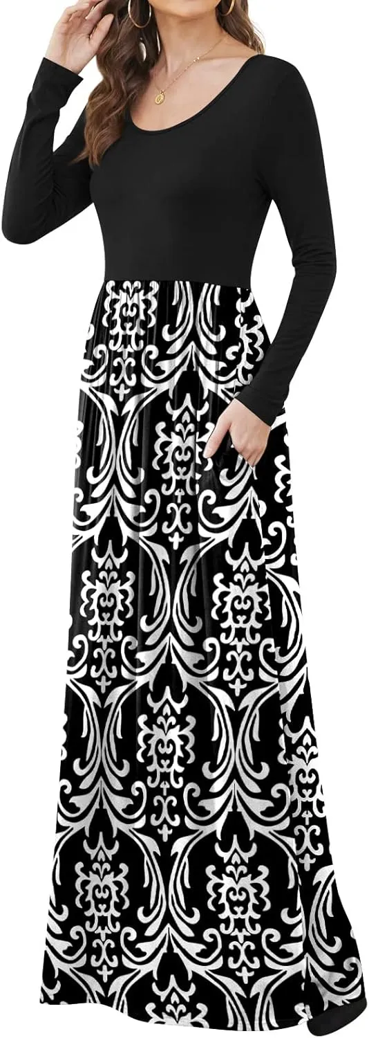 DB MOON Women Casual Long Sleeve Maxi Dresses Empire Waist Long Dress with Pockets