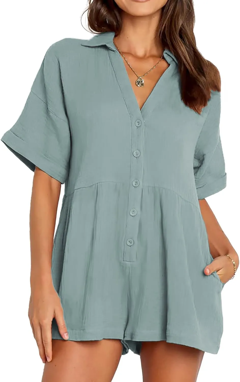 DEEP SELF Women's Summer Casual Short Sleeve Button Down Shorts Rompers V Neck Collared Jumpsuit for Women with Pockets