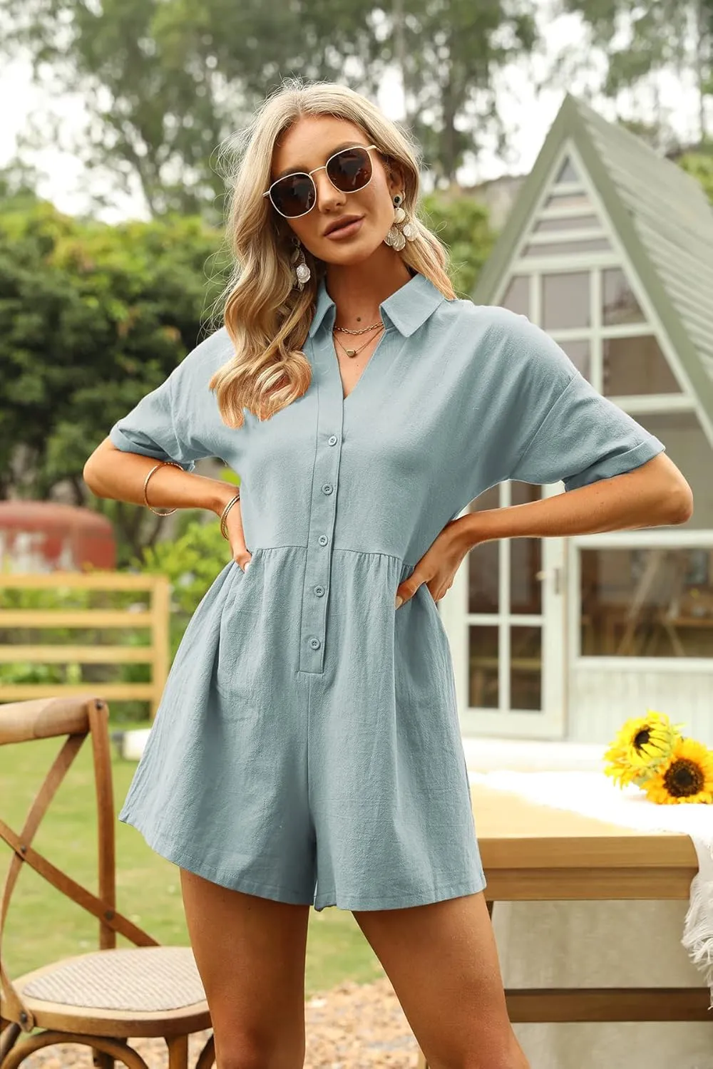 DEEP SELF Women's Summer Casual Short Sleeve Button Down Shorts Rompers V Neck Collared Jumpsuit for Women with Pockets