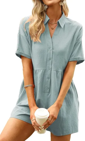 DEEP SELF Women's Summer Casual Short Sleeve Button Down Shorts Rompers V Neck Collared Jumpsuit for Women with Pockets