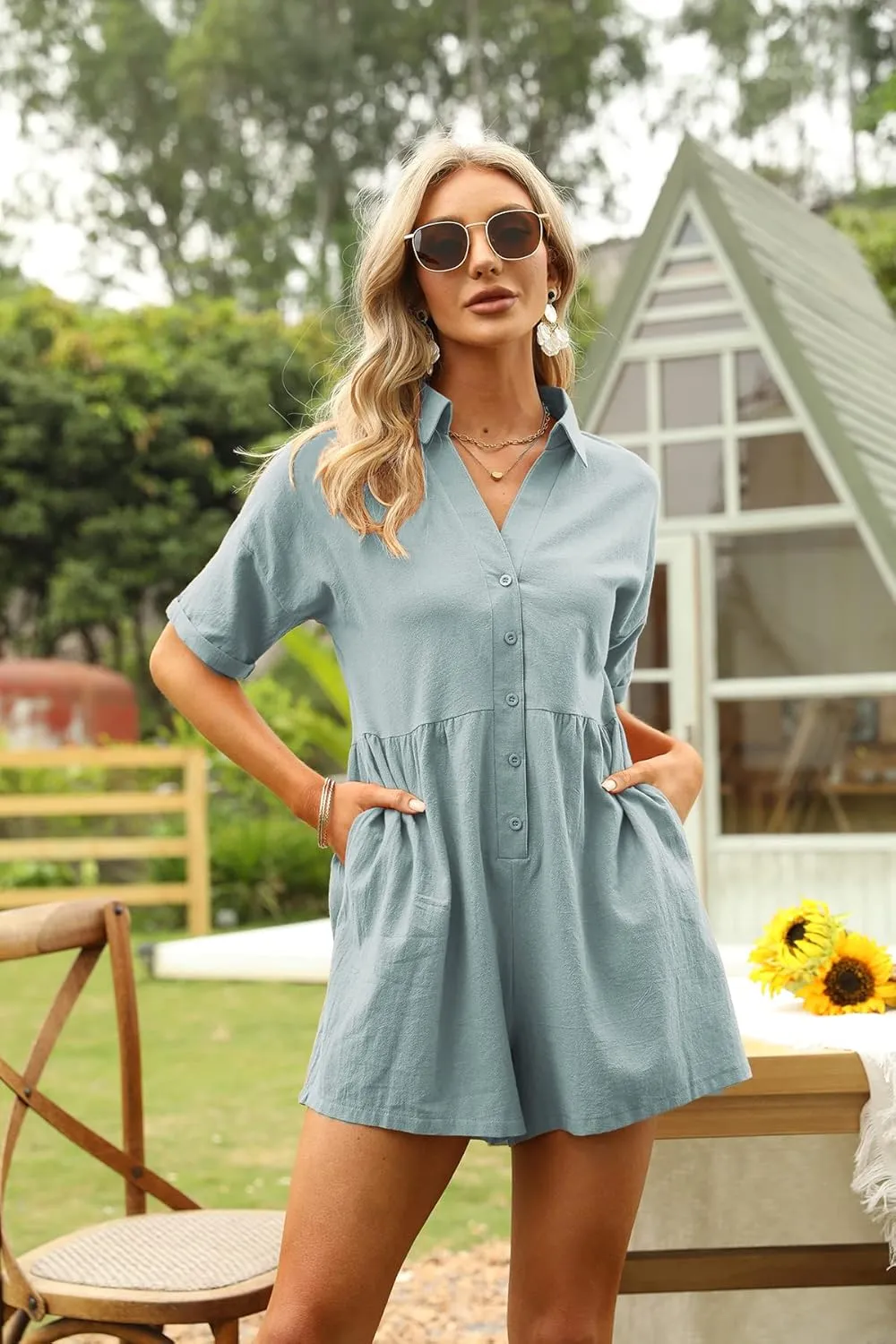 DEEP SELF Women's Summer Casual Short Sleeve Button Down Shorts Rompers V Neck Collared Jumpsuit for Women with Pockets