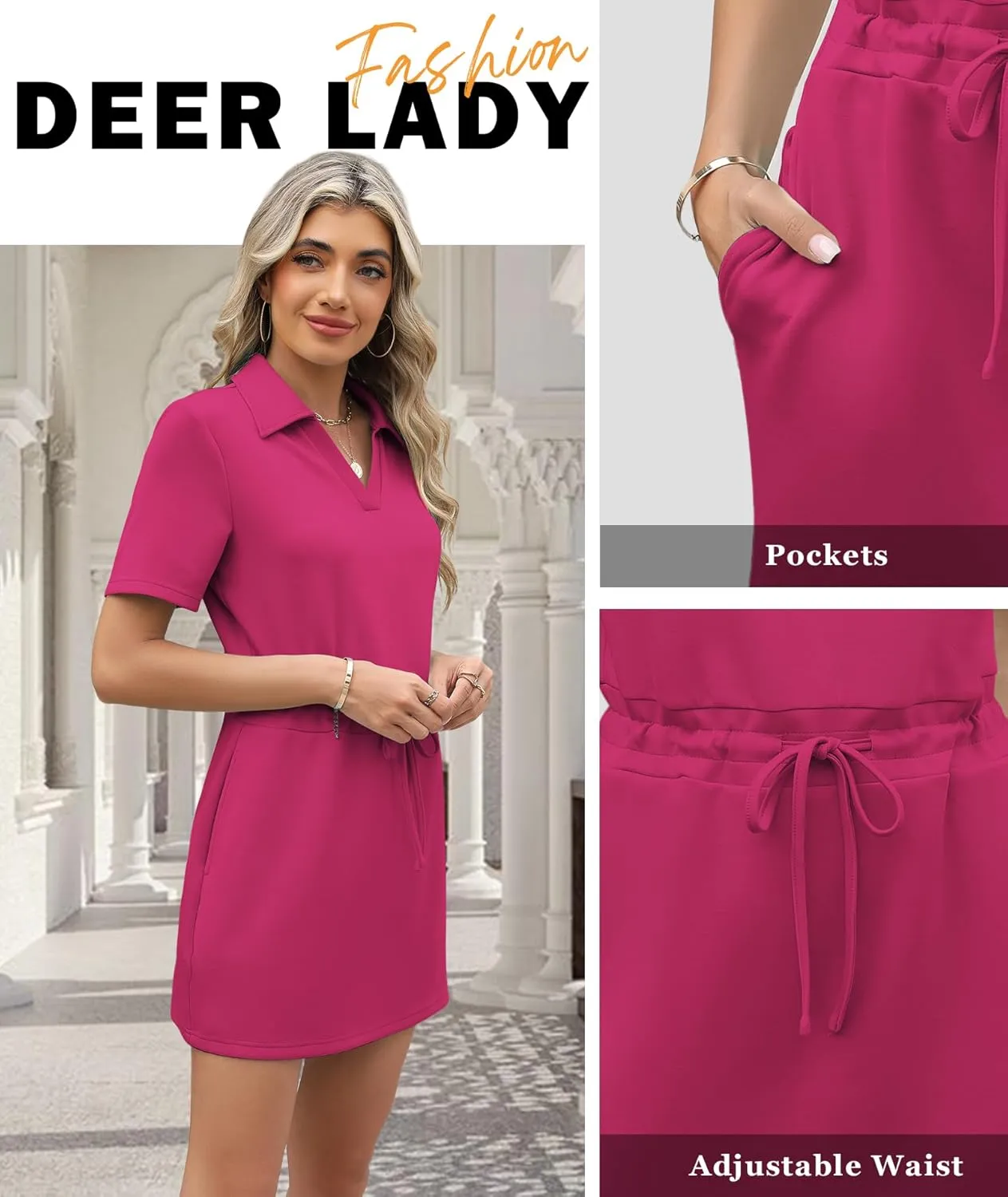 Deer Lady 2025 Casual Summer T Shirt Dress for Women Drawstring Short Sleeve V Neck Mini Shift Dresses with Pockets