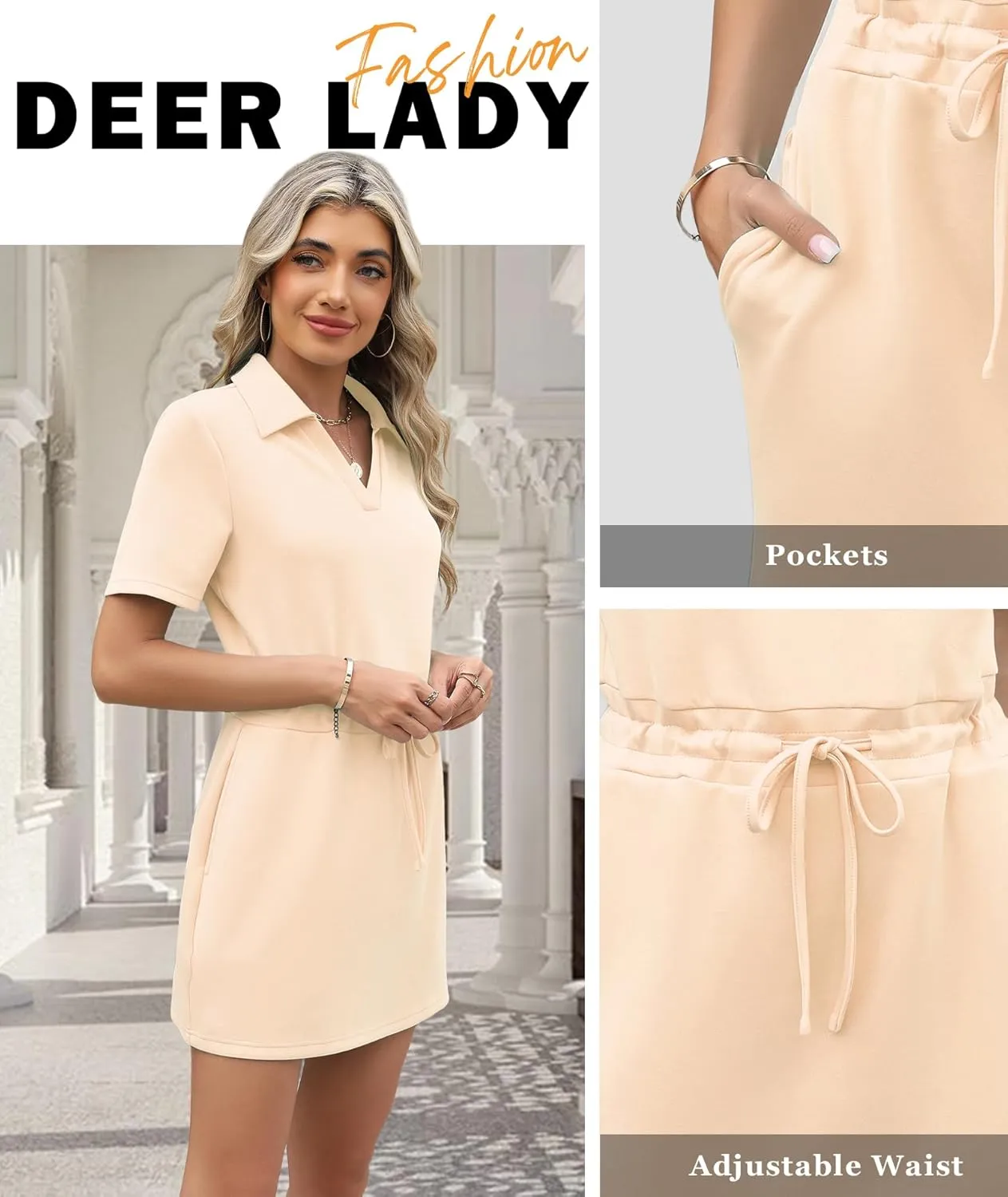 Deer Lady 2025 Casual Summer T Shirt Dress for Women Drawstring Short Sleeve V Neck Mini Shift Dresses with Pockets