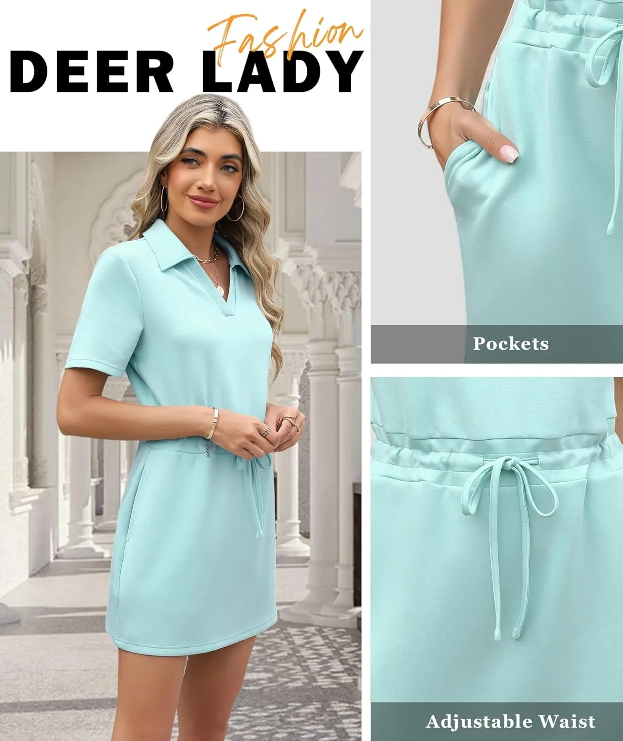 Deer Lady 2025 Casual Summer T Shirt Dress for Women Drawstring Short Sleeve V Neck Mini Shift Dresses with Pockets