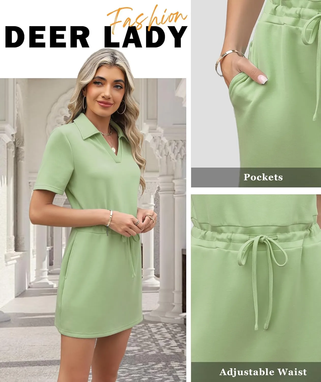 Deer Lady 2025 Casual Summer T Shirt Dress for Women Drawstring Short Sleeve V Neck Mini Shift Dresses with Pockets