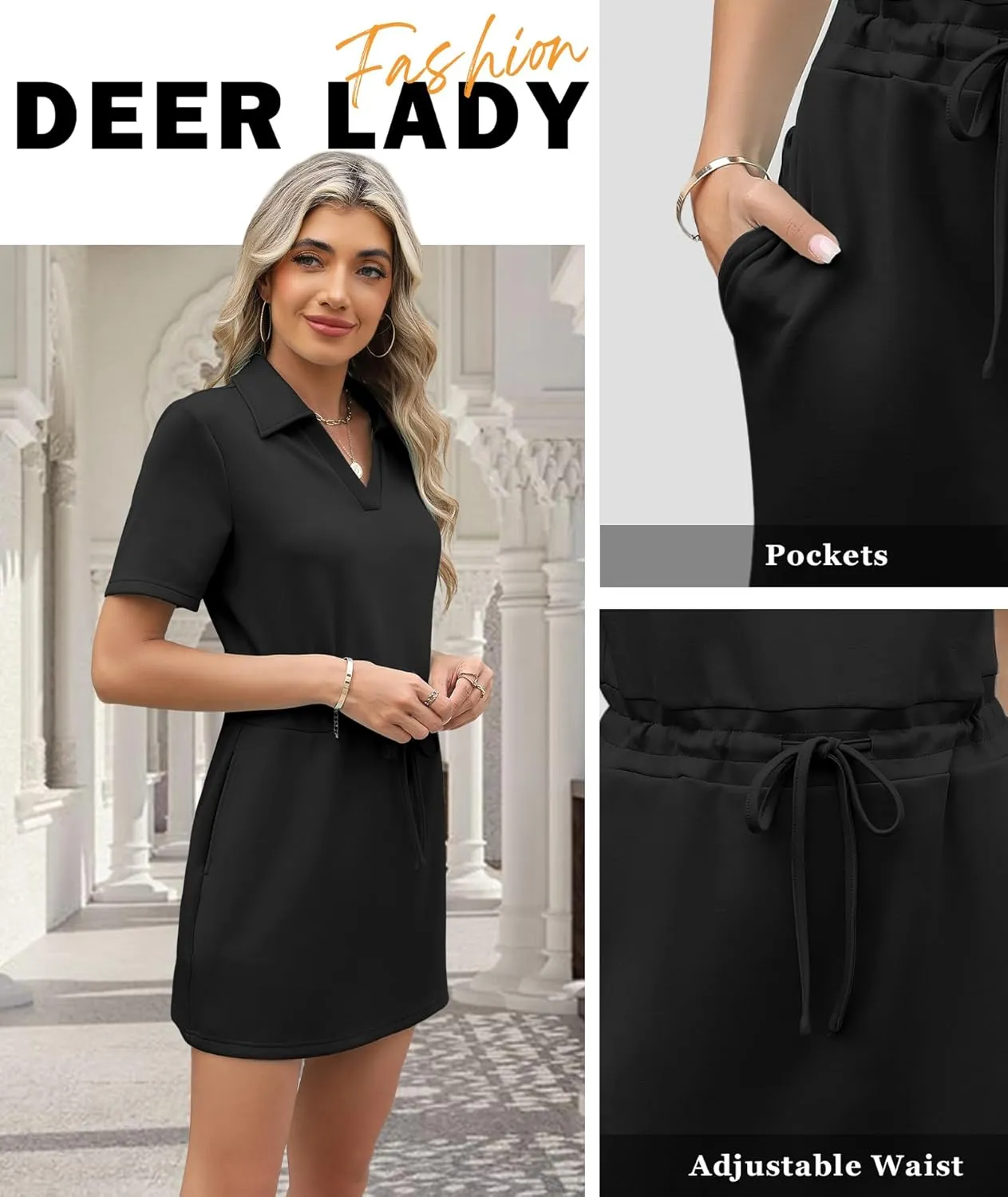 Deer Lady 2025 Casual Summer T Shirt Dress for Women Drawstring Short Sleeve V Neck Mini Shift Dresses with Pockets