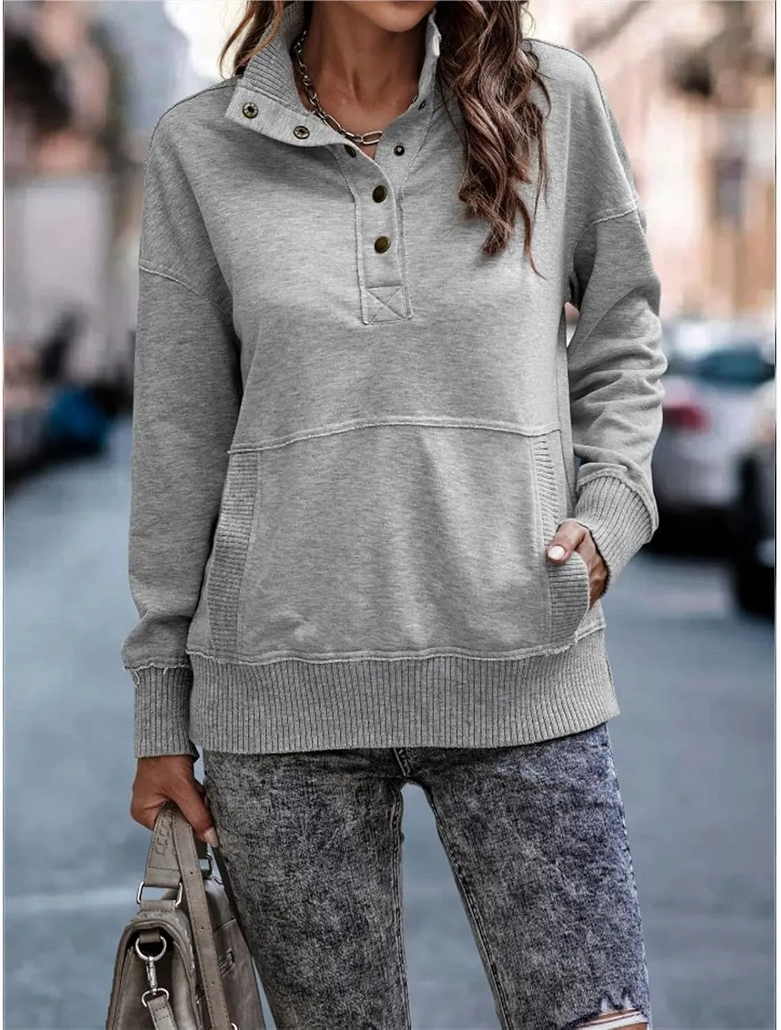 DGHM-JLMY Women's Button Fashion Street Sweater Long Sleeve Oversized Hooded Sweatshirt With Pockets Henley Hoodies Pullover
