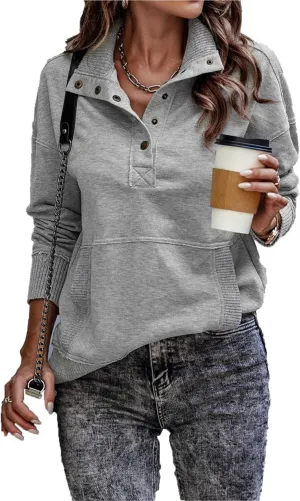 DGHM-JLMY Women's Button Fashion Street Sweater Long Sleeve Oversized Hooded Sweatshirt With Pockets Henley Hoodies Pullover