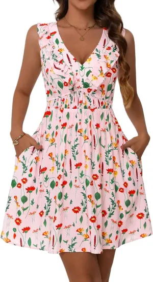 DIRASS Women's Rayon Dresses with Pockets Empire Waist Ruffle Sleeveless Mini Sundresses