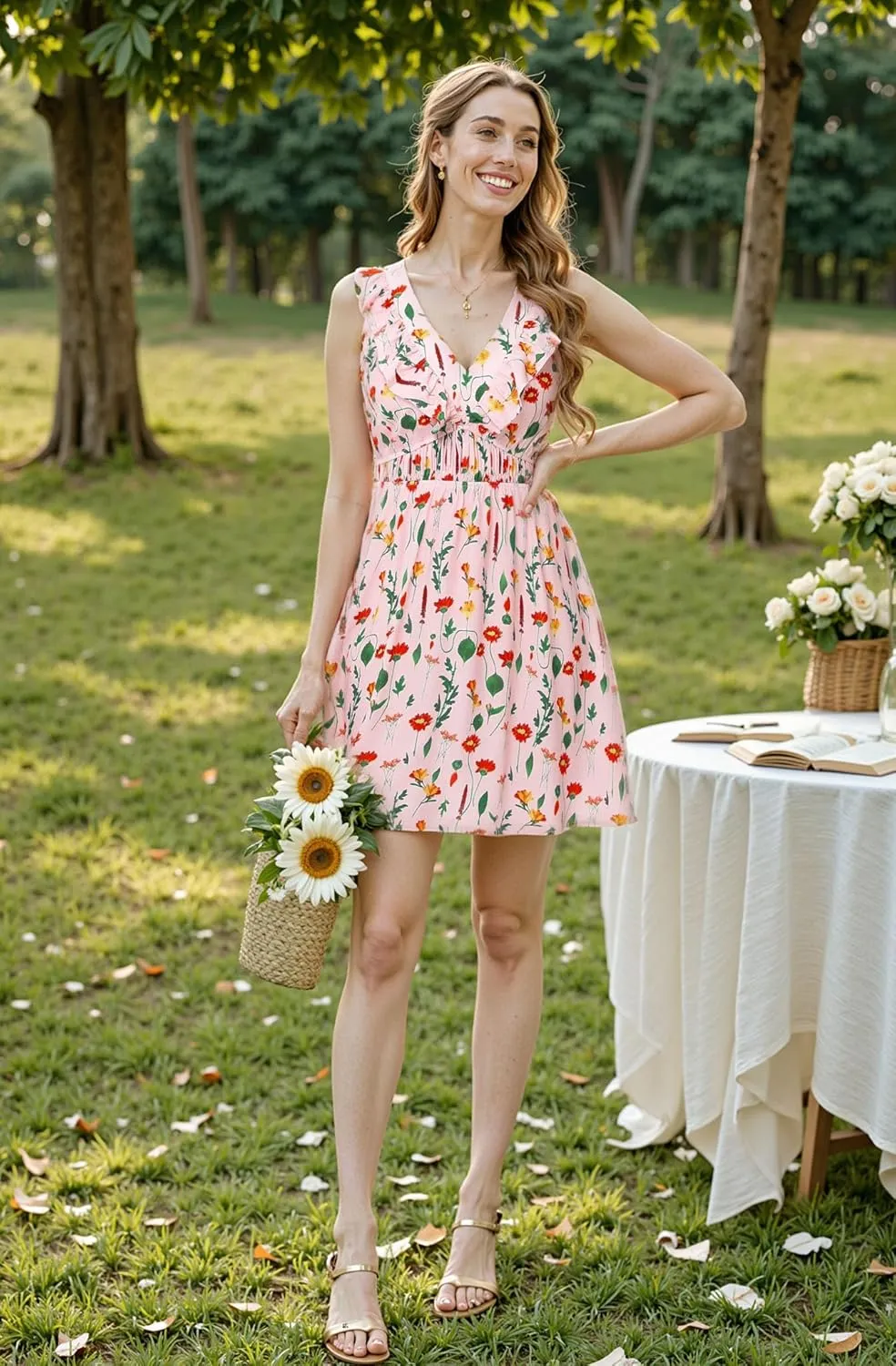 DIRASS Women's Rayon Dresses with Pockets Empire Waist Ruffle Sleeveless Mini Sundresses