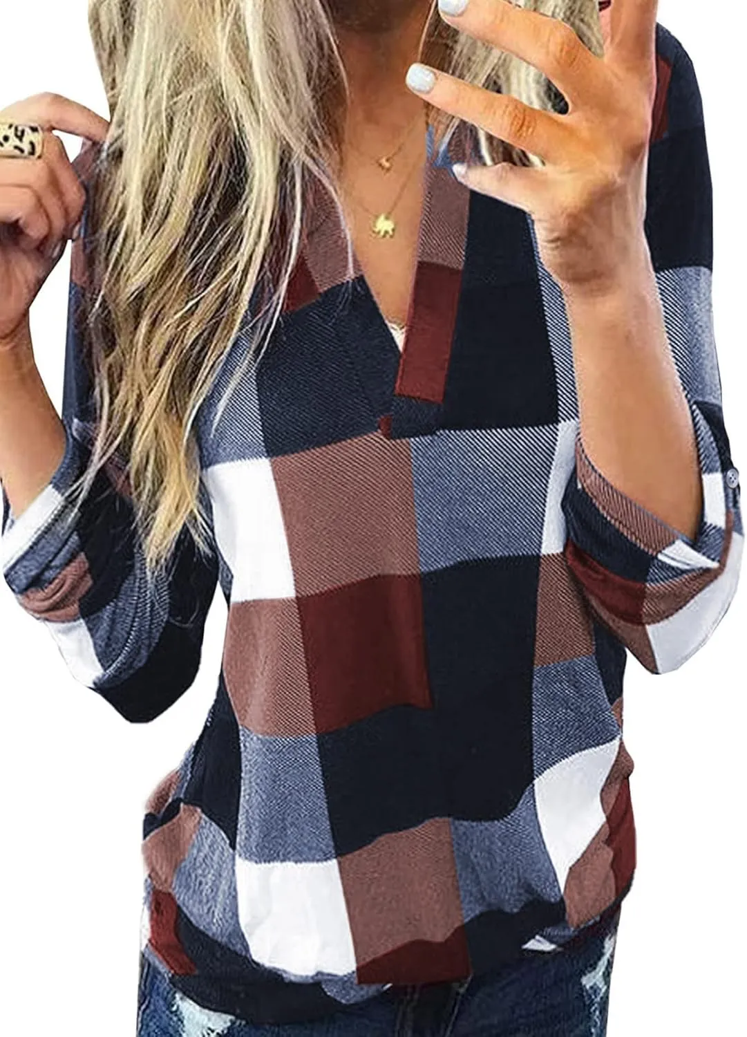 Dokotoo Womens Basic Casual V Neck Plaid Print Cuffed Long Sleeve Work Tops Blouses Shirts S-3XL