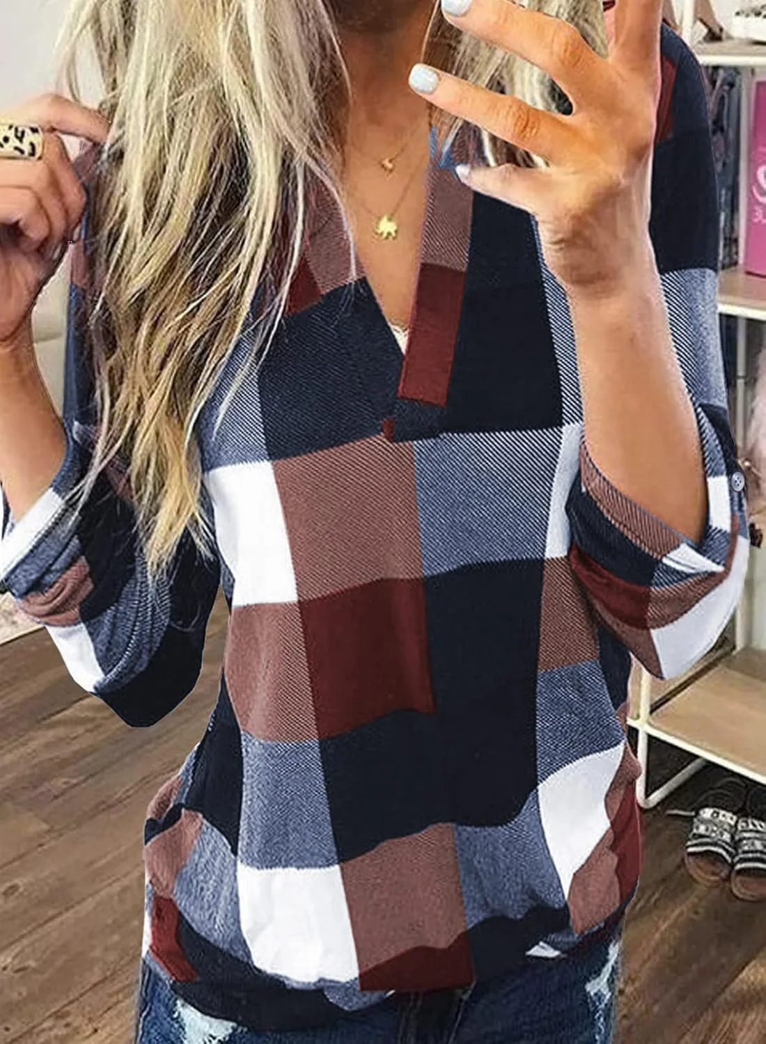 Dokotoo Womens Basic Casual V Neck Plaid Print Cuffed Long Sleeve Work Tops Blouses Shirts S-3XL