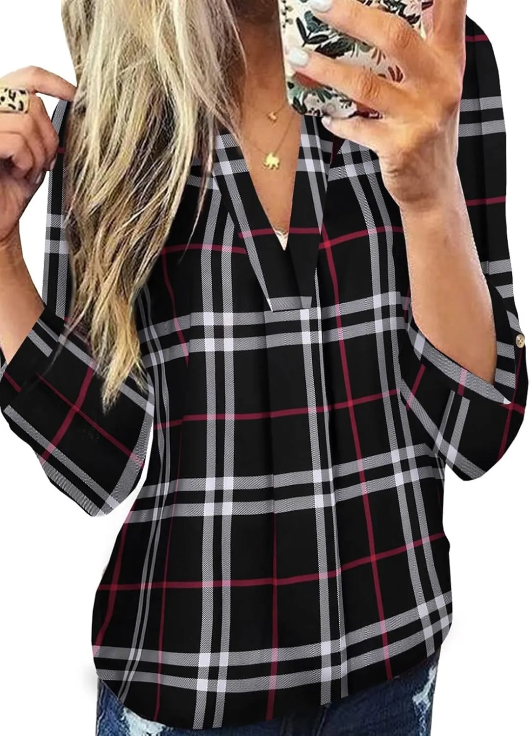 Dokotoo Womens Basic Casual V Neck Plaid Print Cuffed Long Sleeve Work Tops Blouses Shirts S-3XL