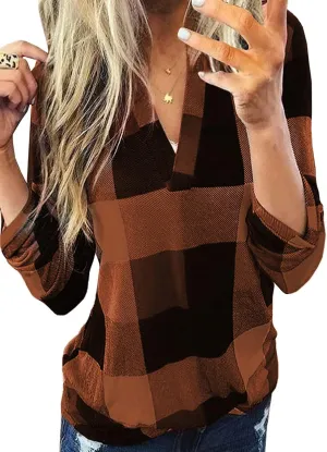 Dokotoo Womens Basic Casual V Neck Plaid Print Cuffed Long Sleeve Work Tops Blouses Shirts S-3XL