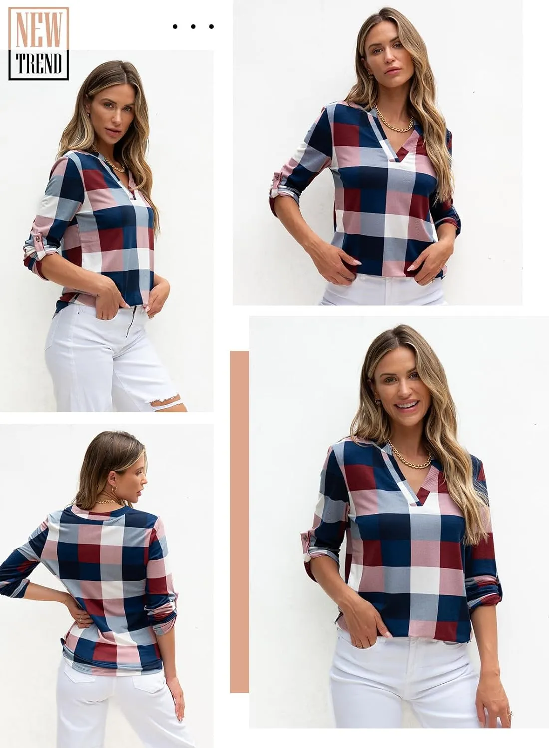 Dokotoo Womens Basic Casual V Neck Plaid Print Cuffed Long Sleeve Work Tops Blouses Shirts S-3XL