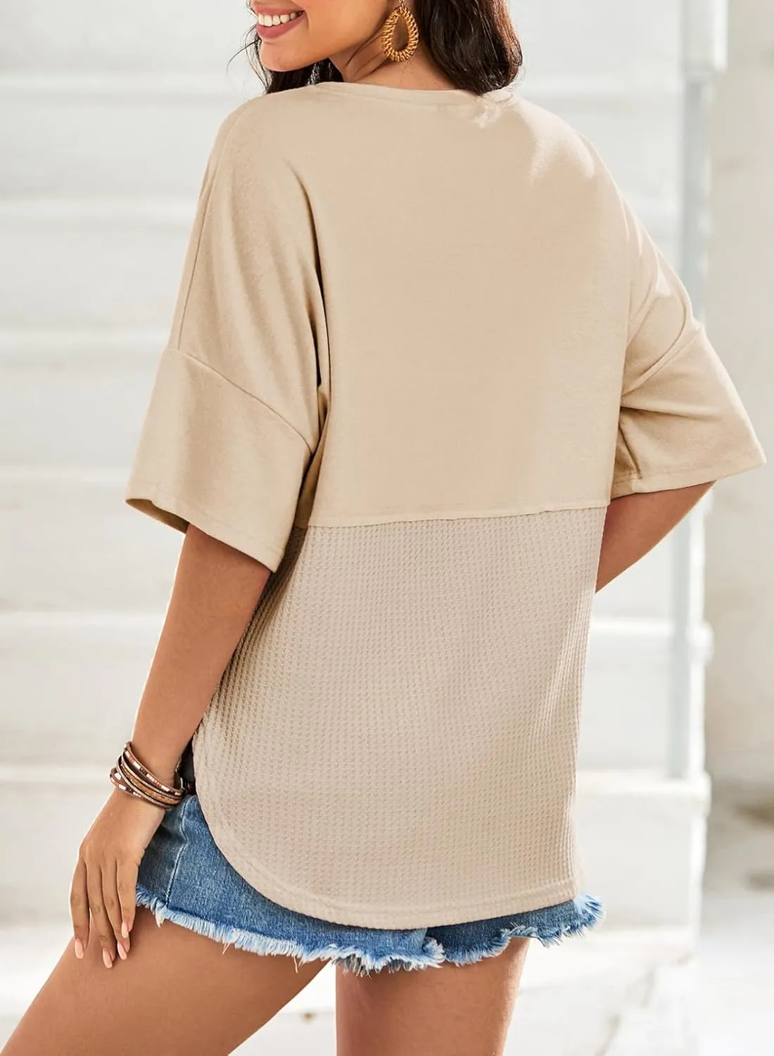 Dokotoo Womens Waffle Knit Tops 2025 Fashion 3/4 Sleeve Casual Button Down Shirts Crew Neck Oversized Patchwork Blouses