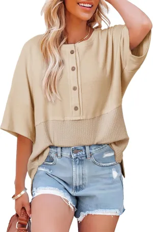 Dokotoo Womens Waffle Knit Tops 2025 Fashion 3/4 Sleeve Casual Button Down Shirts Crew Neck Oversized Patchwork Blouses