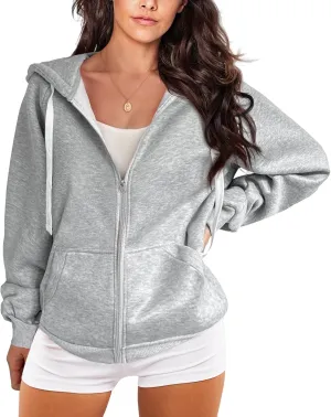 DOUBLJU Womens Full Zip Up Hoodies Long Sleeve Fall Outfits Oversized Sweatshirt