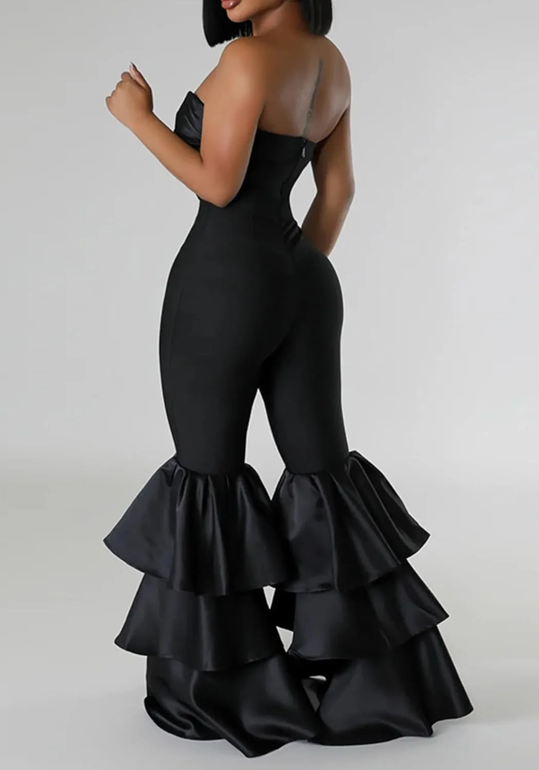 Ecirod Womens 2024 Summer Strapless Jumpsuits High Waisted Tiered Ruffle Flare Pants One Piece Tube Top Romper
