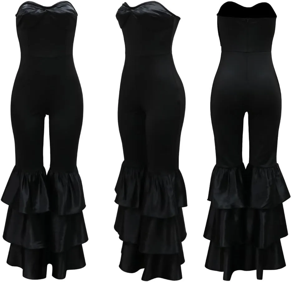 Ecirod Womens 2024 Summer Strapless Jumpsuits High Waisted Tiered Ruffle Flare Pants One Piece Tube Top Romper