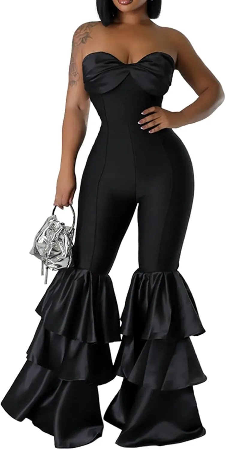 Ecirod Womens 2024 Summer Strapless Jumpsuits High Waisted Tiered Ruffle Flare Pants One Piece Tube Top Romper