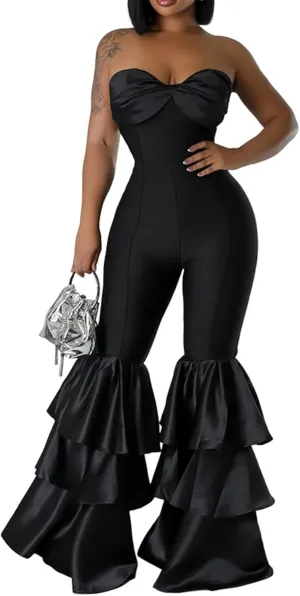 Ecirod Womens 2024 Summer Strapless Jumpsuits High Waisted Tiered Ruffle Flare Pants One Piece Tube Top Romper