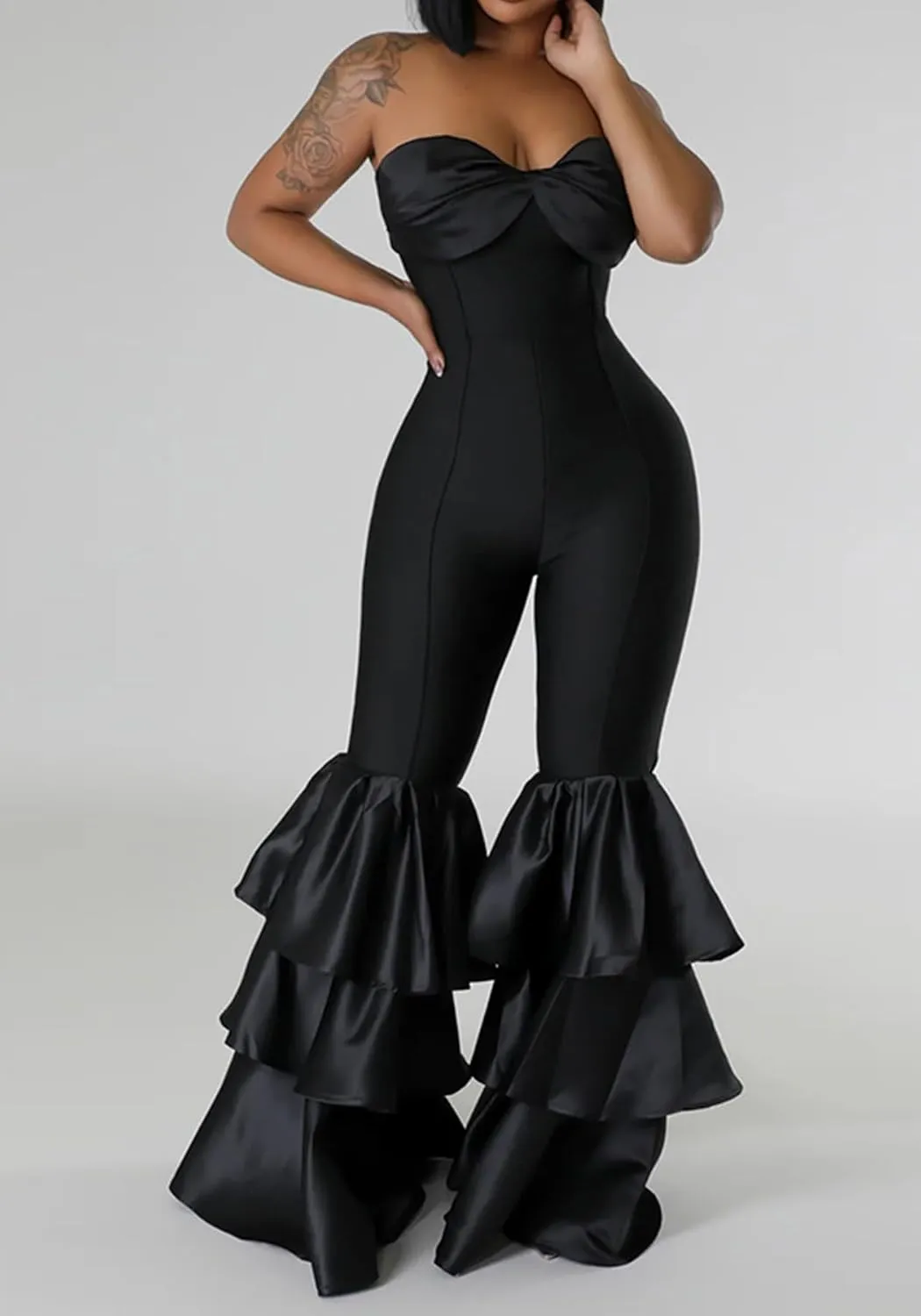 Ecirod Womens 2024 Summer Strapless Jumpsuits High Waisted Tiered Ruffle Flare Pants One Piece Tube Top Romper