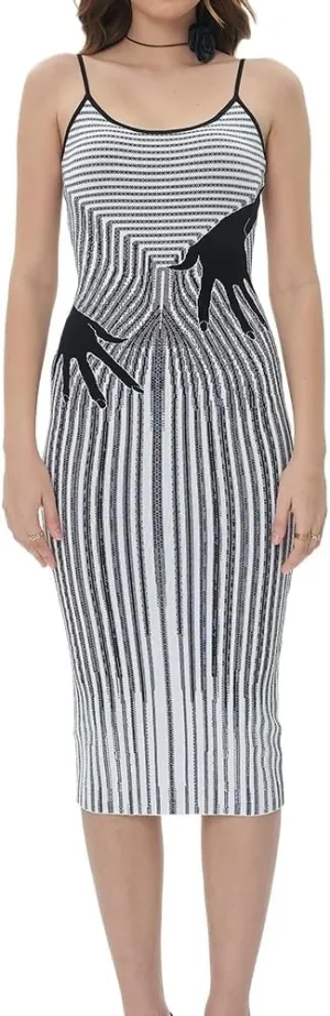 efvandoloe Summer Abstract Knitted Camisole Midi Dress Women Sleeveless Slim Fashion Design Dresses Evening