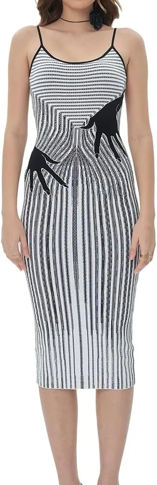 efvandoloe Summer Abstract Knitted Camisole Midi Dress Women Sleeveless Slim Fashion Design Dresses Evening
