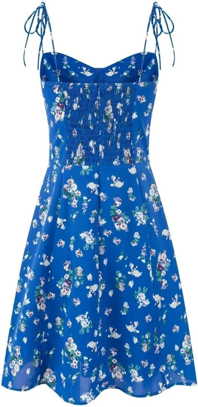 efvandoloe Women Floral Print Strappy Camisole A-line Backless Blue Midi Dresses