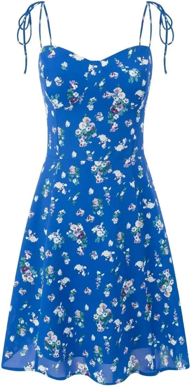 efvandoloe Women Floral Print Strappy Camisole A-line Backless Blue Midi Dresses