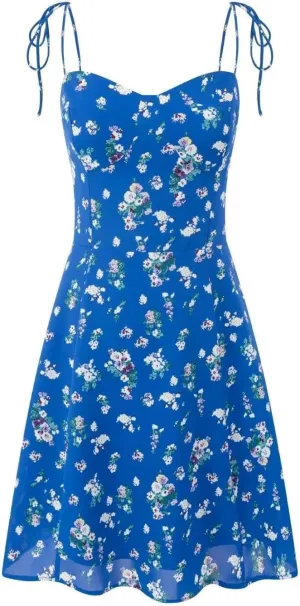 efvandoloe Women Floral Print Strappy Camisole A-line Backless Blue Midi Dresses