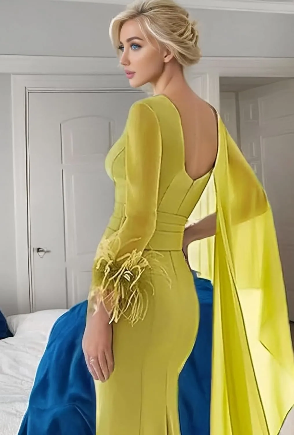 Elegant Mermaid Trumpet Evening Gown with a Sweep Brush Train V-Neck Long Sleeves and Ruching 2025 PXC031