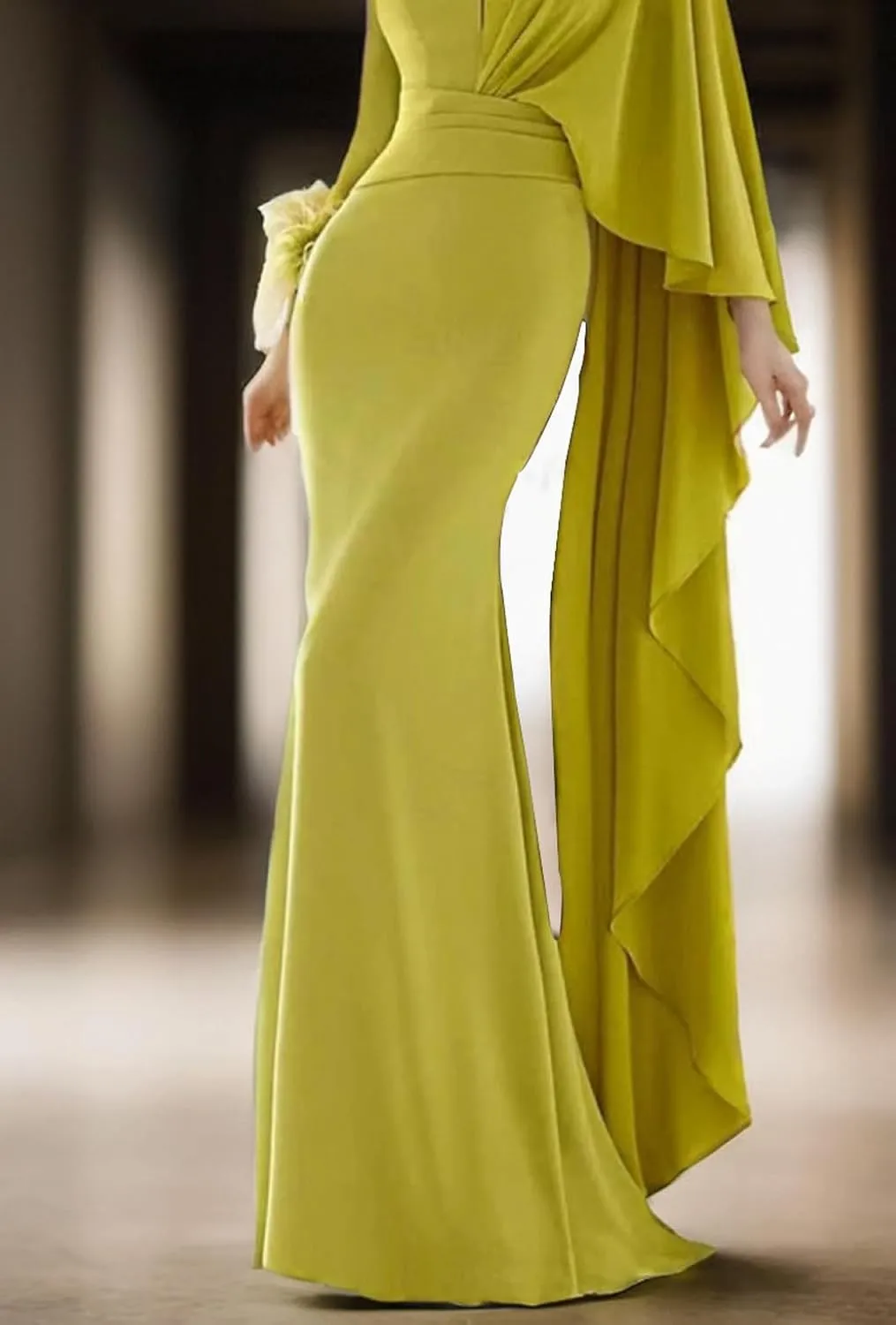 Elegant Mermaid Trumpet Evening Gown with a Sweep Brush Train V-Neck Long Sleeves and Ruching 2025 PXC031