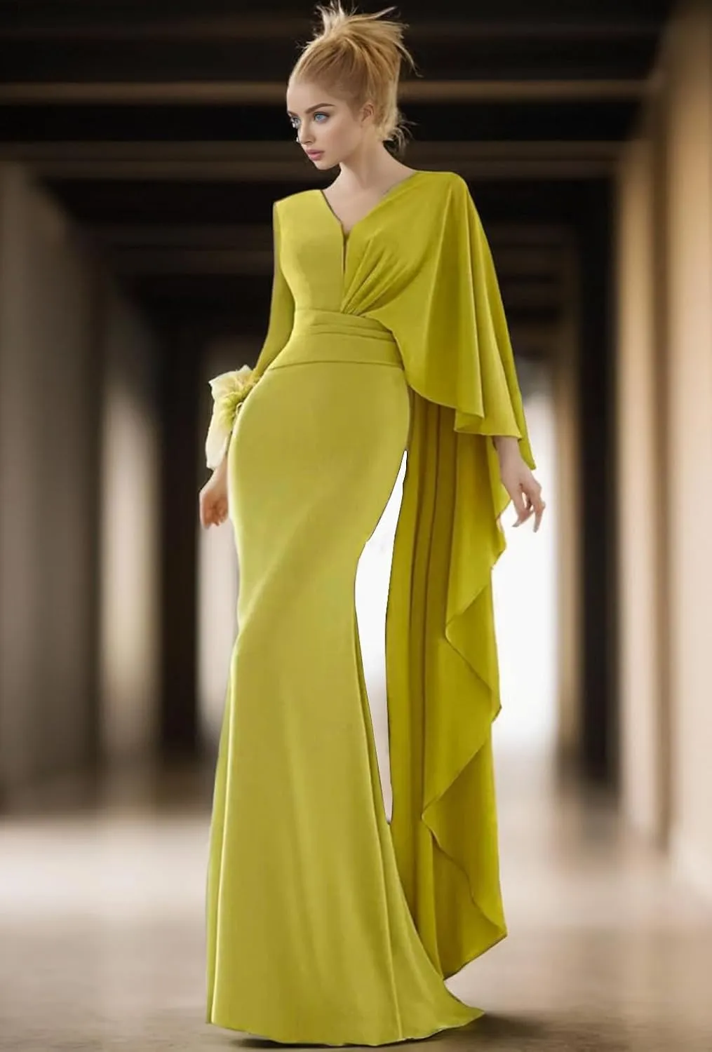 Elegant Mermaid Trumpet Evening Gown with a Sweep Brush Train V-Neck Long Sleeves and Ruching 2025 PXC031