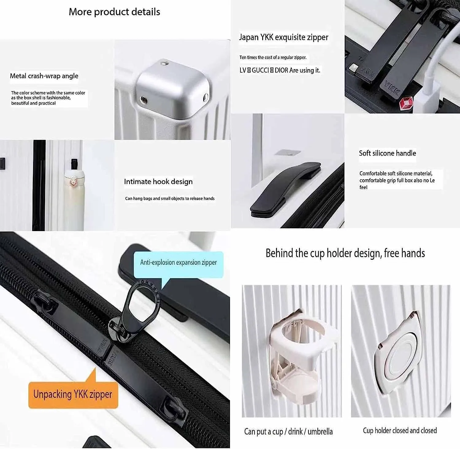 Expandable Luggage with Wheels / USB Port / Cup Holder / TSA Customs Lock Suitcase for Travel, Holidays, White., 50*35*24CM