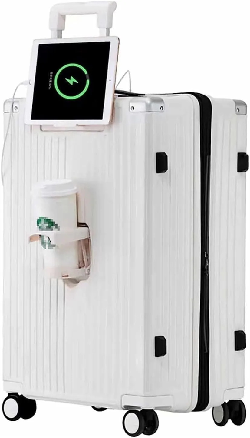 Expandable Luggage with Wheels / USB Port / Cup Holder / TSA Customs Lock Suitcase for Travel, Vacation, White/Dark Grey Heather, 65*45*28CM