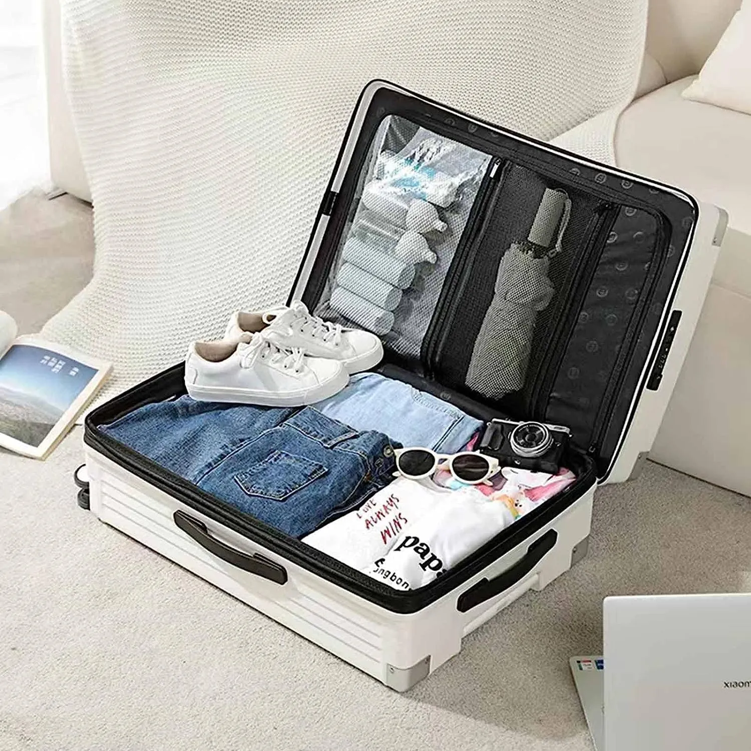 Expandable Luggage with Wheels / USB Port / Cup Holder / TSA Customs Lock Suitcase for Travel, Vacation, White/Dark Grey Heather, 65*45*28CM