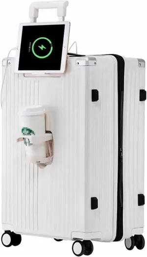 Expandable Luggage with Wheels / USB Port / Cup Holder / TSA Customs Lock Suitcase for Travel, Vacation, White/Dark Grey Heather, 65*45*28CM
