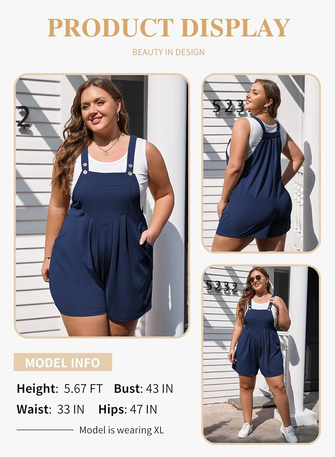 Eytino Womens Plus Size Jumpsuits Adjustable Summer Short Overalls Casual Sleeveless Rompers with Pockets(1X-5X)