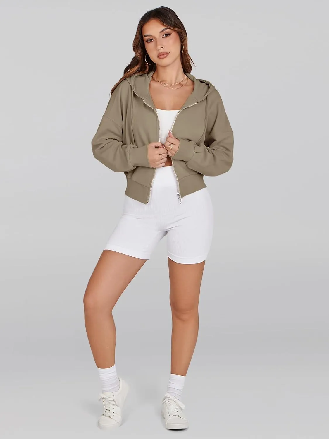 Fisoew Women's Crop Zip Up Hoodies Casual Long Sleeve Hooded Cropped Sweatshirts with Pockets
