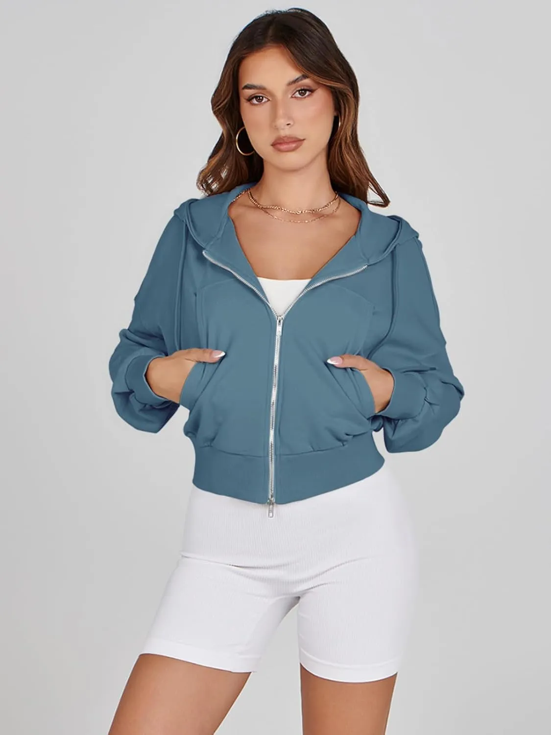 Fisoew Women's Crop Zip Up Hoodies Casual Long Sleeve Hooded Cropped Sweatshirts with Pockets
