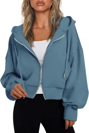 Fisoew Women's Crop Zip Up Hoodies Casual Long Sleeve Hooded Cropped Sweatshirts with Pockets
