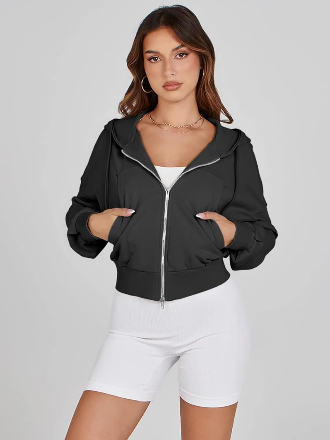 Fisoew Women's Crop Zip Up Hoodies Casual Long Sleeve Hooded Cropped Sweatshirts with Pockets